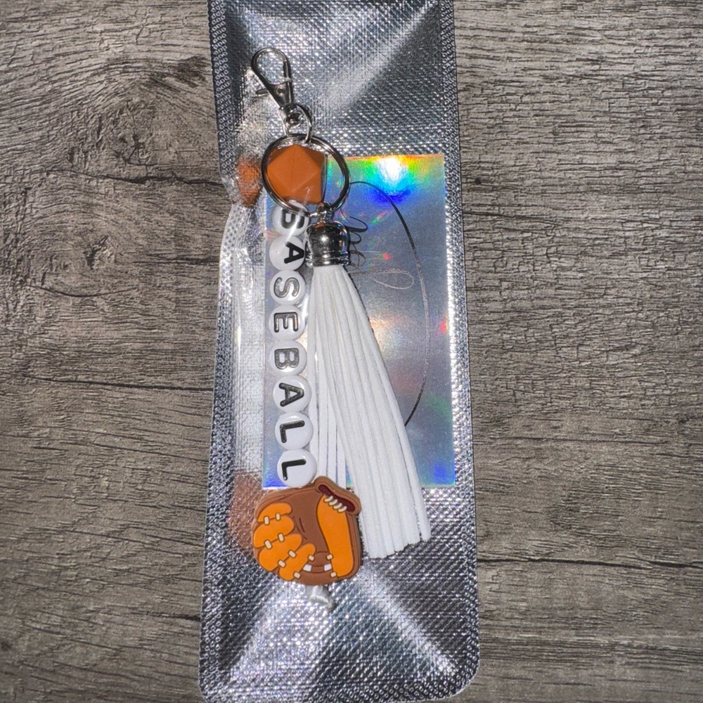 Baseball Themed Key & Card Holder with Tassel - Orange and White